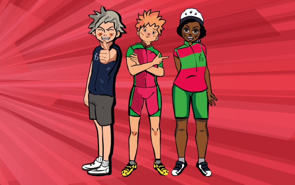 Welsh Cycling Bespoke Character Development showing three of the anime style characters